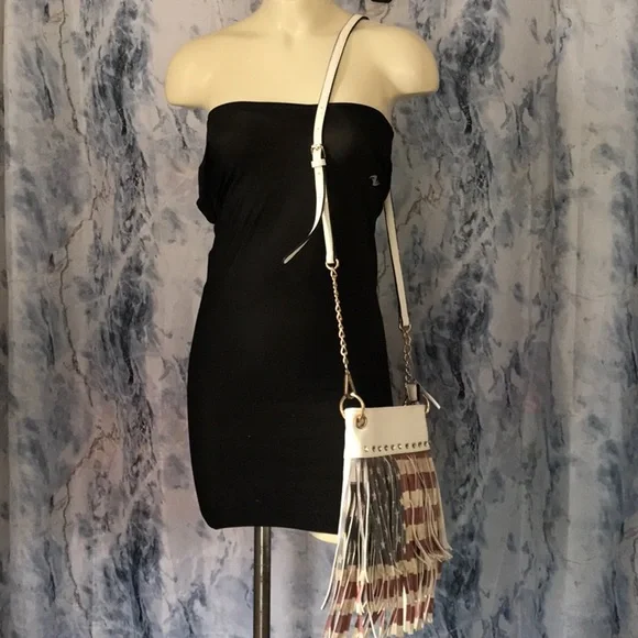 NWT Americana red white blue purse fringes vegan leather zipper compartments - Picture 2 of 12